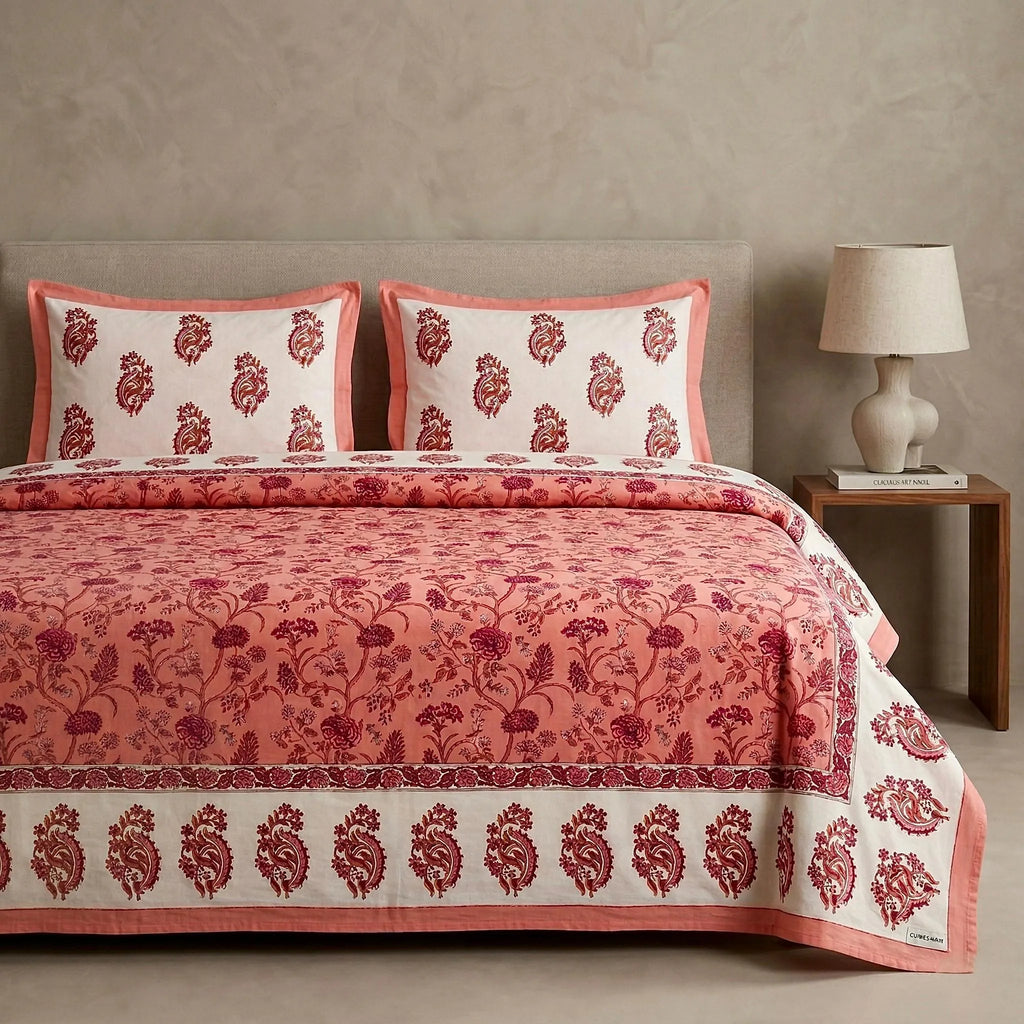 Coral pink and white floral print cotton super king bedsheet with 2 pillow covers