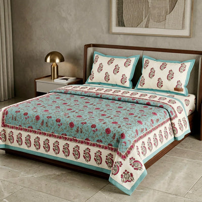 100% Pure Cotton Super King Bedsheet 108x108 - Coral Pink Floral Print with 2 Pillow Covers