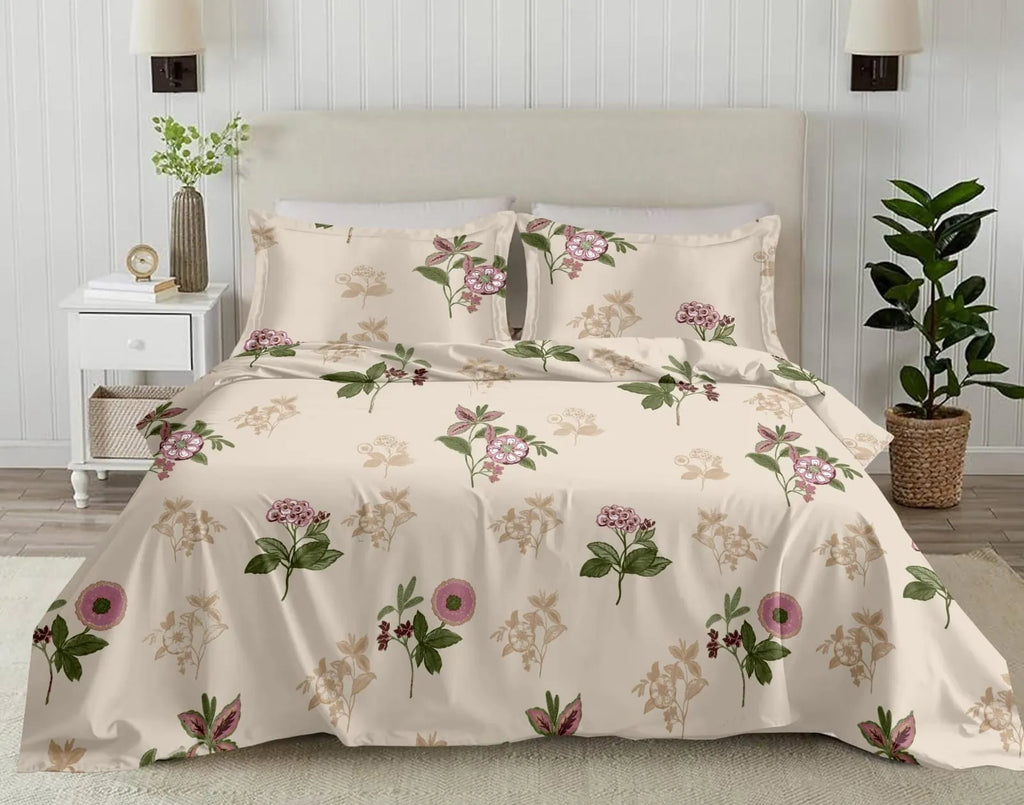 Cream and pink floral print pure cotton super king bedsheet with matching pillow covers on bed