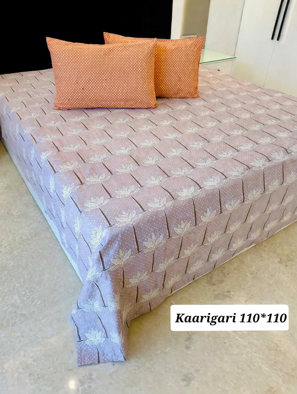 Pink Lotus Print Cotton Super King Bedsheet with Orange Polka Dot Pillow Covers