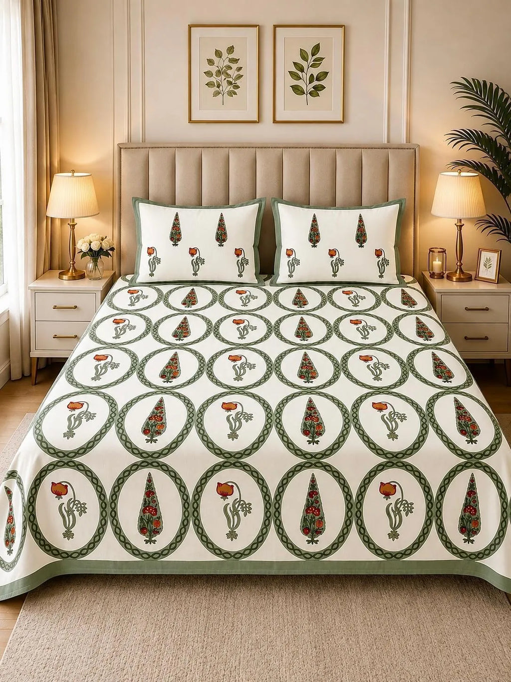 Green and red floral and tree block print cotton bedsheet with two matching pillows