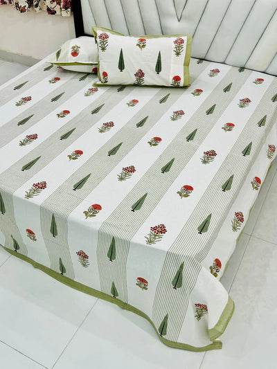 100% Pure Cotton Super King Bedsheet 108x108 - Green Floral & Tree Print with 2 Pillow Covers