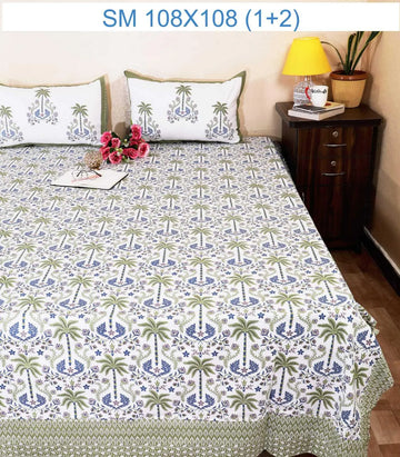 100% Pure Cotton Super King Bedsheet 108x108 - Green Palm Print with 2 Pillow Covers
