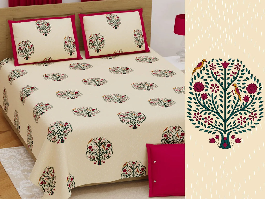 Super king size cotton bedsheet in cream with red tree print and pillow covers