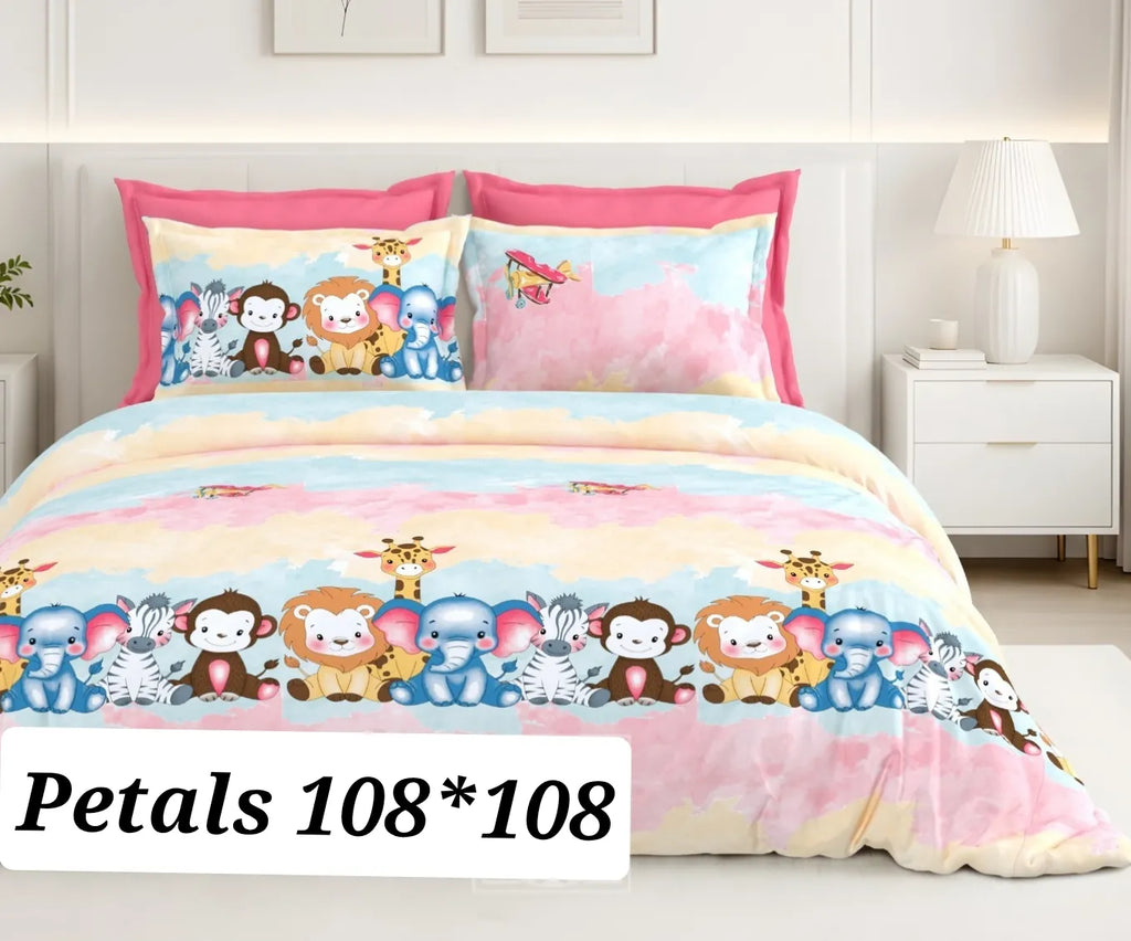 Jungle safari print cotton super king bedsheet 108x108 with pink pillow covers on a white bed