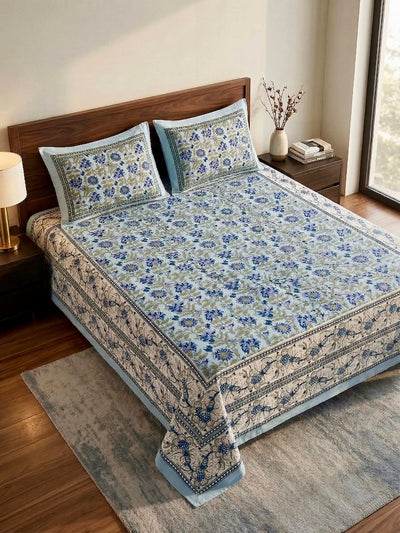 100% Pure Cotton Super King Bedsheet 108x108 - Light Blue Floral Print with 2 Pillow Covers