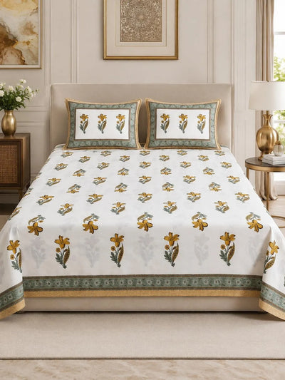 100% Pure Cotton Super King Bedsheet 108x108 - Light Blue Floral Print with 2 Pillow Covers