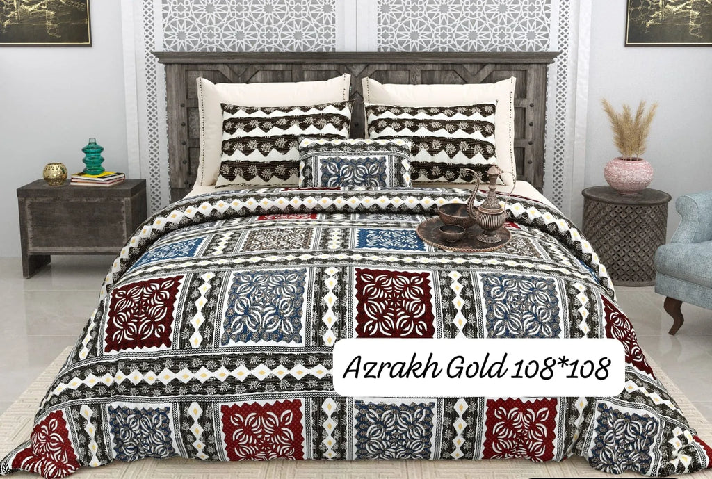 Azrakh gold cotton super king bedsheet with maroon and blue traditional print and two pillow covers