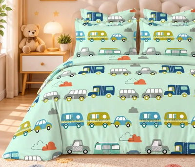100% Pure Cotton Super King Bedsheet 108x108 - Mint Green Car Print with 2 Pillow Covers