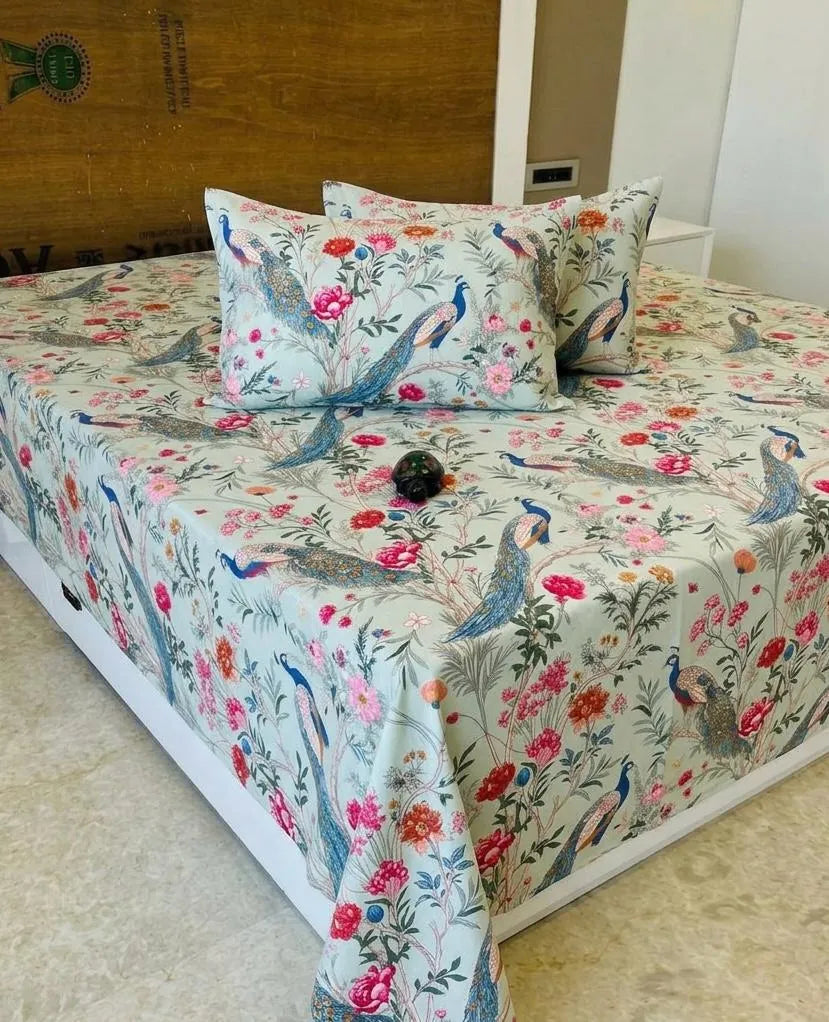 Mint green cotton super king bedsheet with peacock floral print and matching pillows