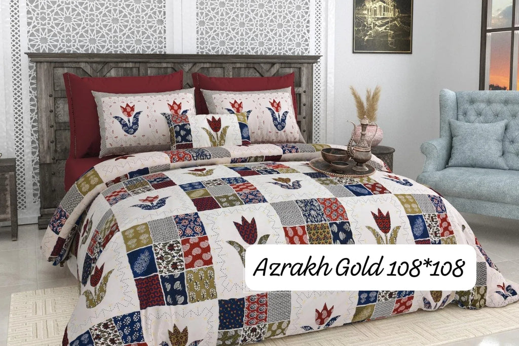 Azrakh Gold 108x108 pure cotton super king bedsheet with patchwork print and red pillow covers