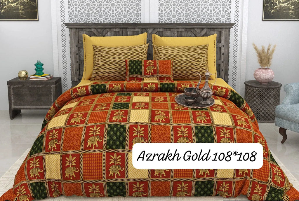 Mustard ethnic elephant print cotton super king bedsheet with matching pillow covers on bed