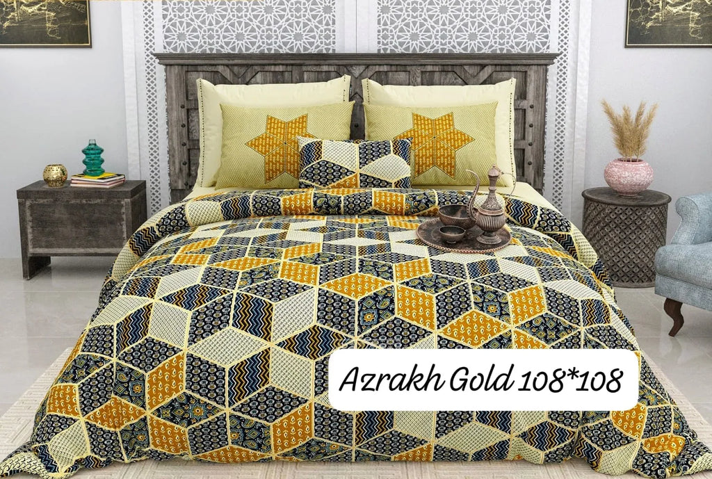 Azrakh Gold mustard and navy geometric print super king cotton bedsheet with matching pillow covers on bed