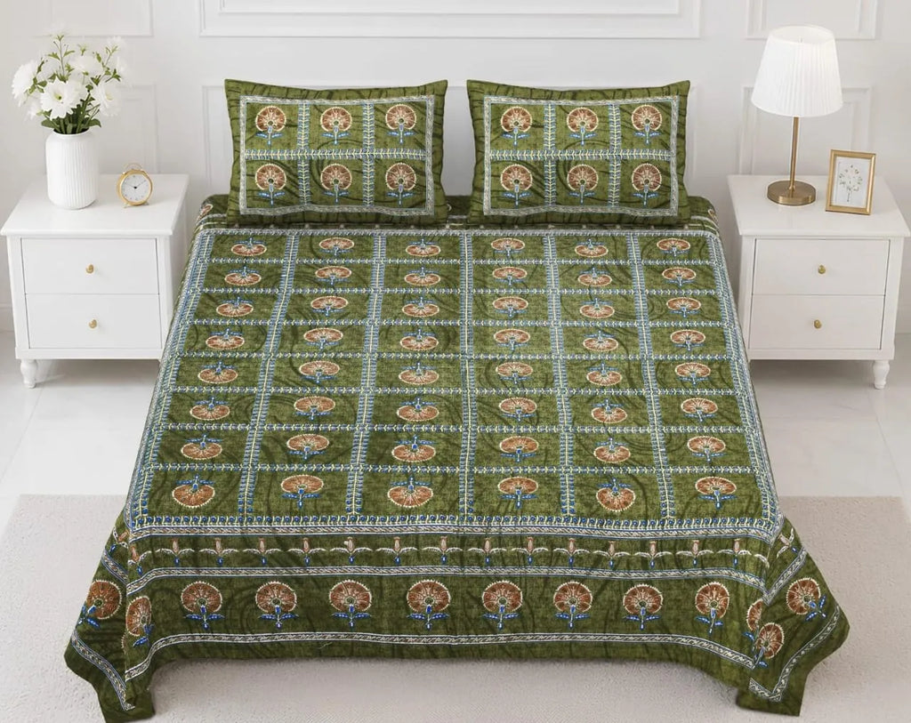 Olive green pure cotton double bedsheet with floral check print and two matching pillow covers on bed