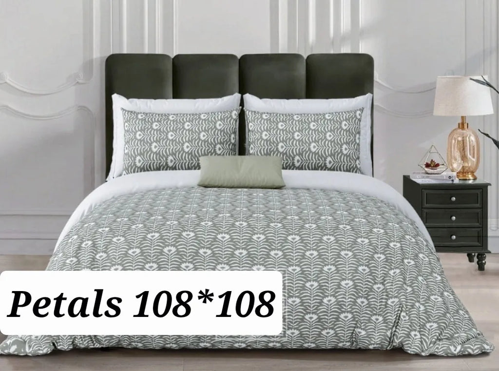 Grey botanical print cotton super king bedsheet 108x108 with two pillow covers on a made bed