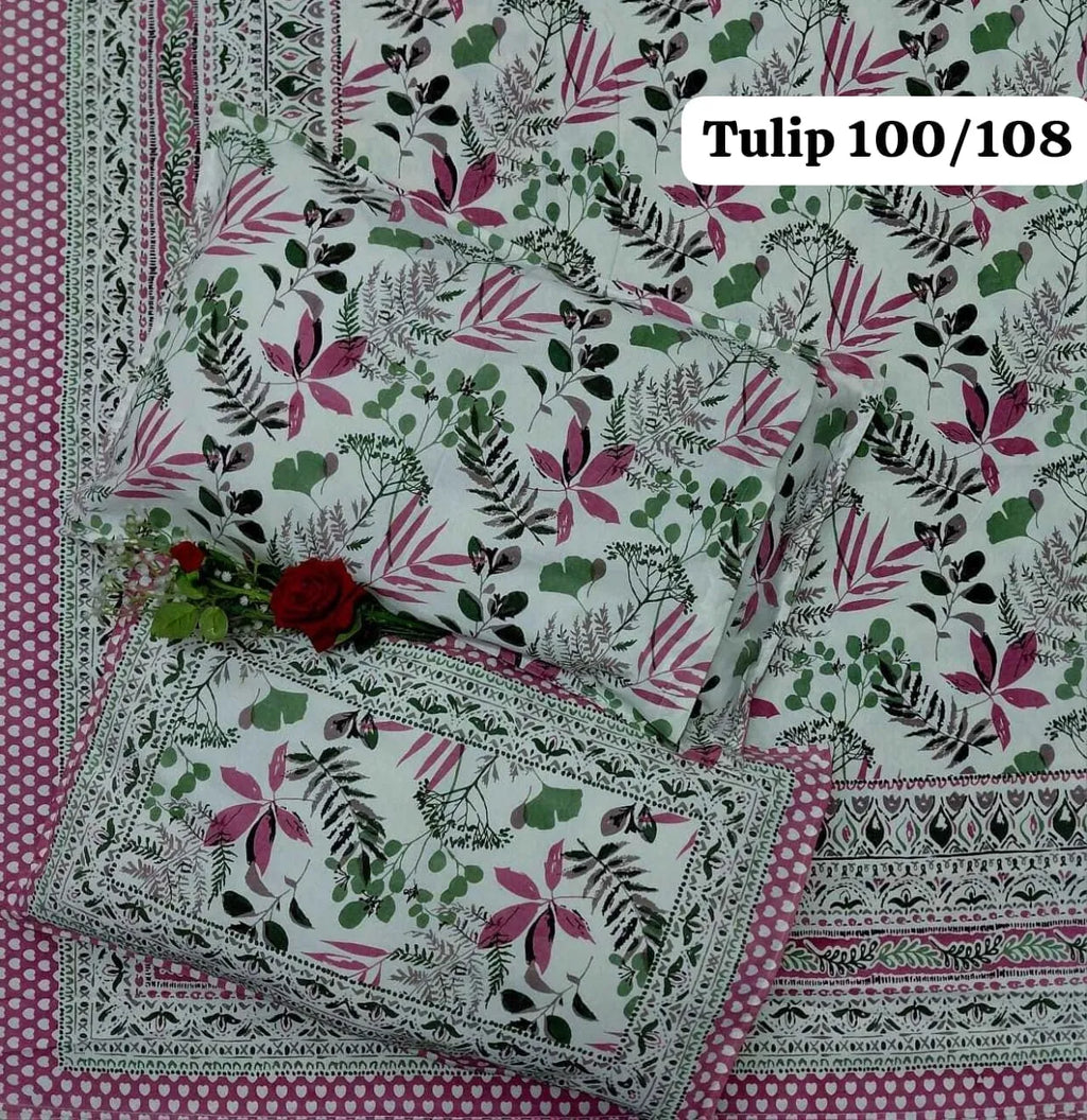 White and pink floral print pure cotton super king bedsheet with matching pillow covers