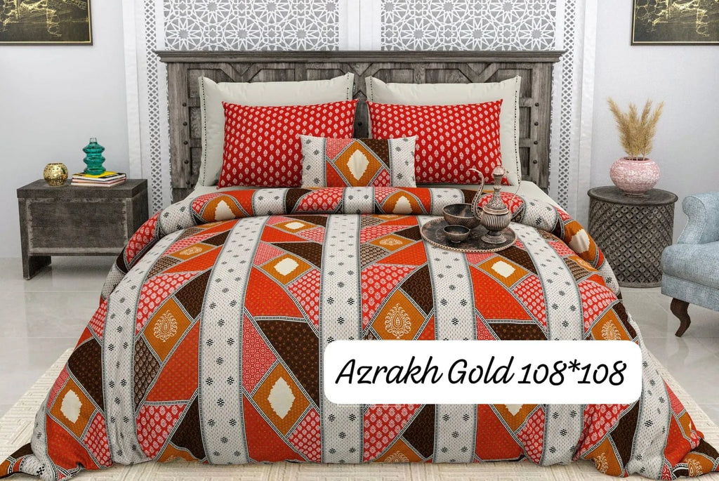 Red Azrakh print pure cotton super king bedsheet with matching pillow covers on bed