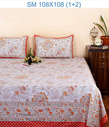 100% Pure Cotton Super King Bedsheet 108x108 - Red Floral Print with 2 Pillow Covers