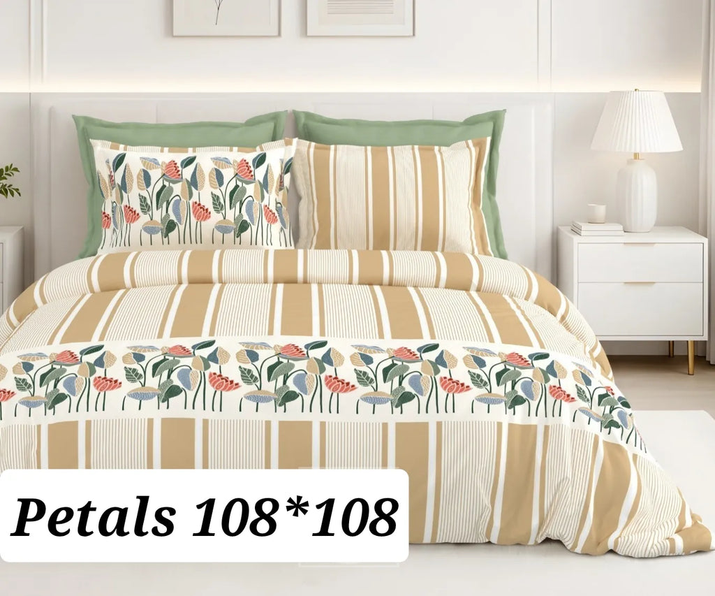 Beige striped cotton bedsheet with floral border and two matching pillow covers on bed