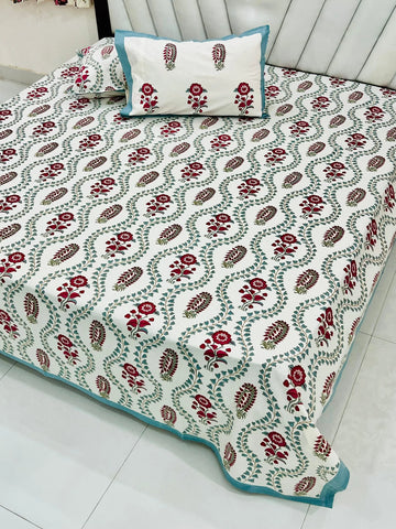 100% Pure Cotton Super King Bedsheet 108x108 - Teal Red Vine Floral Print with 2 Pillow Covers