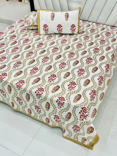100% Pure Cotton Super King Bedsheet 108x108 - Teal Red Vine Floral Print with 2 Pillow Covers