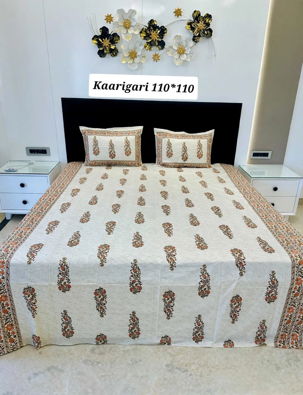 Kaigari Jaipuri cotton super king bedsheet 108x108 displayed on bed with two matching pillow covers