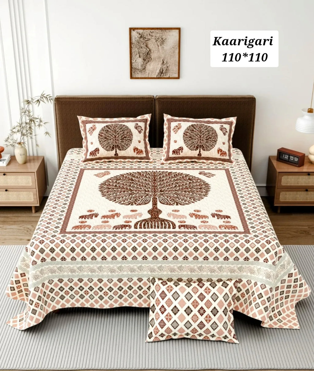 Kaarigari 110x110 premium soft cotton bedsheet set with tree motif and pillow covers