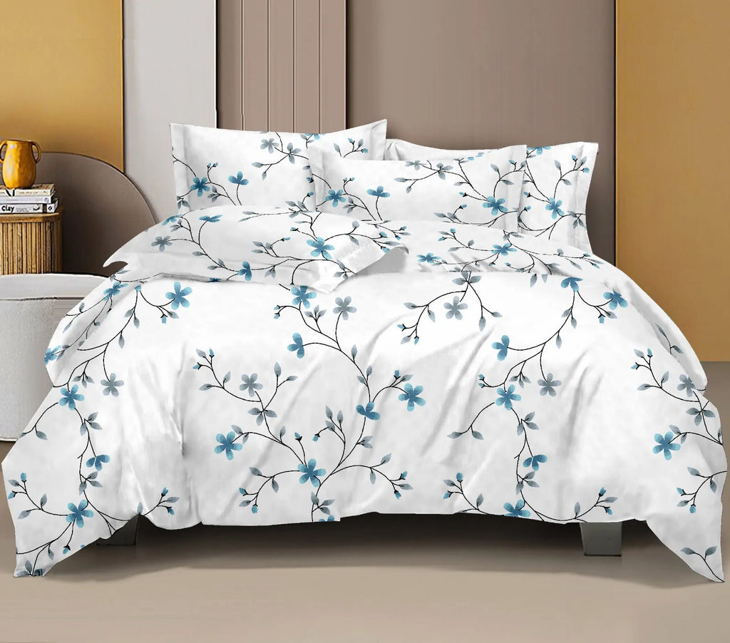 White cotton super king bedsheet with blue floral vine print and matching pillow covers