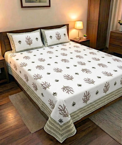 100% Pure Cotton Super King Bedsheet 108x108 - White & Brown Botanical Print with 2 Pillow Covers