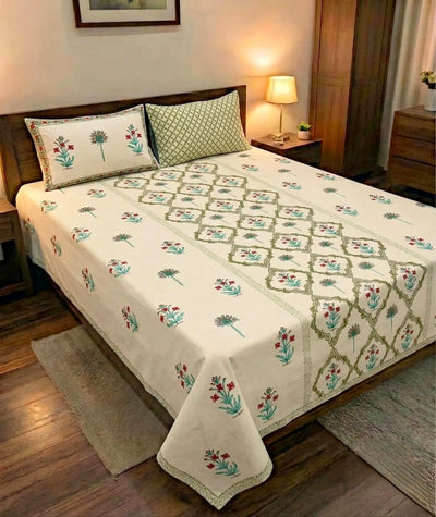 100% Pure Cotton Super King Bedsheet 108x108 - White & Brown Botanical Print with 2 Pillow Covers
