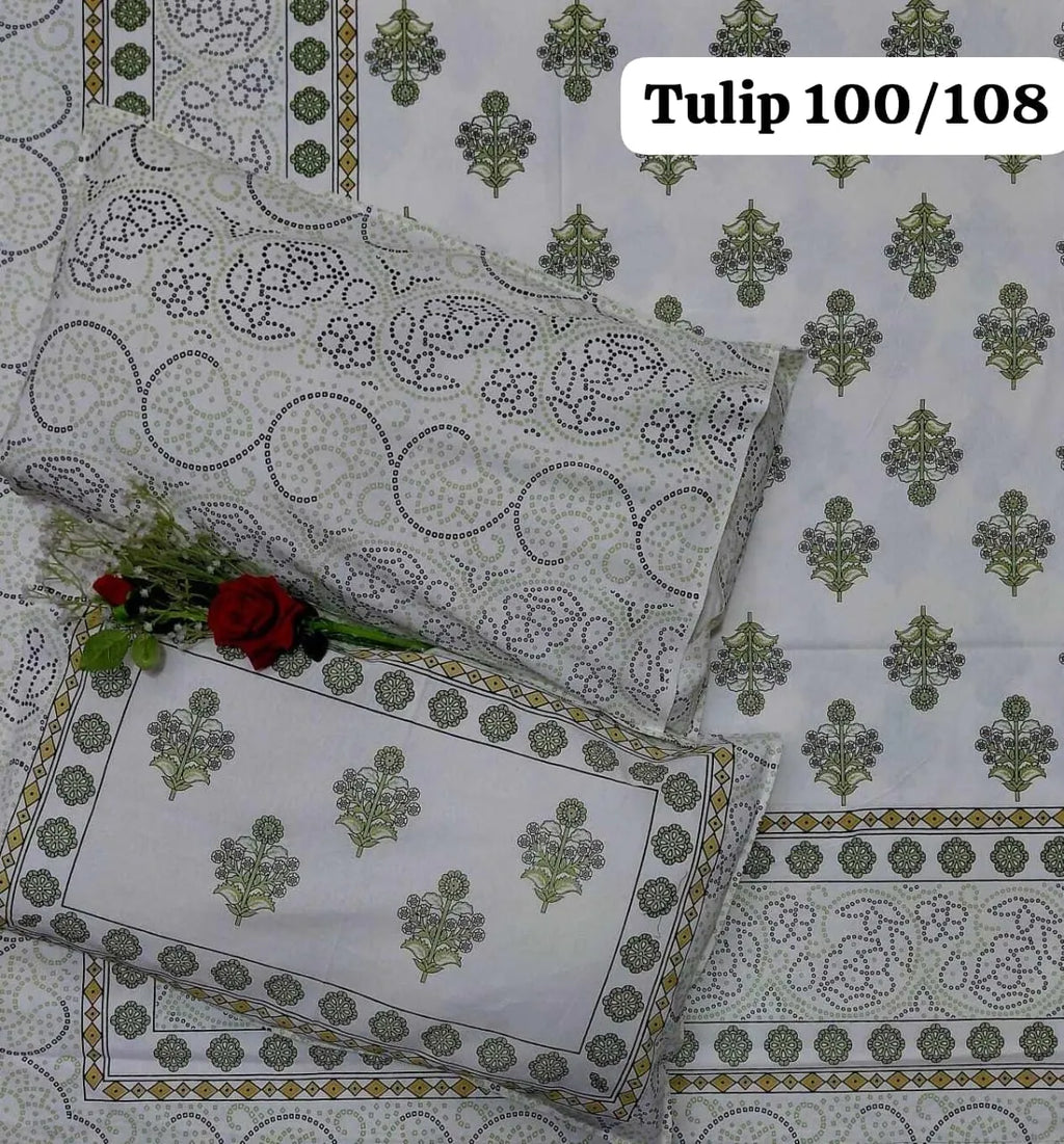 White and green floral print pure cotton bedsheet with two matching pillow covers