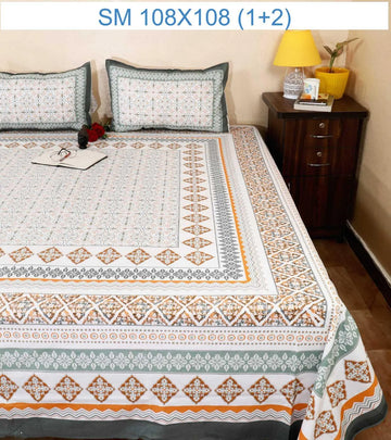 100% Pure Cotton Super King Bedsheet 108x108 - White Orange Geometric Print with 2 Pillow Covers