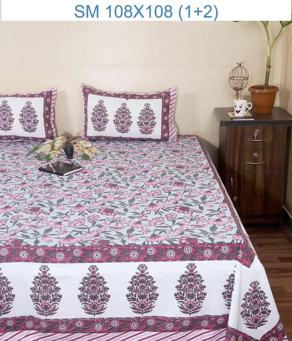 White and pink floral print super king cotton bedsheet with two matching pillow covers