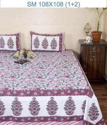 100% Pure Cotton Super King Bedsheet 108x108 - White Pink Floral Print with 2 Pillow Covers