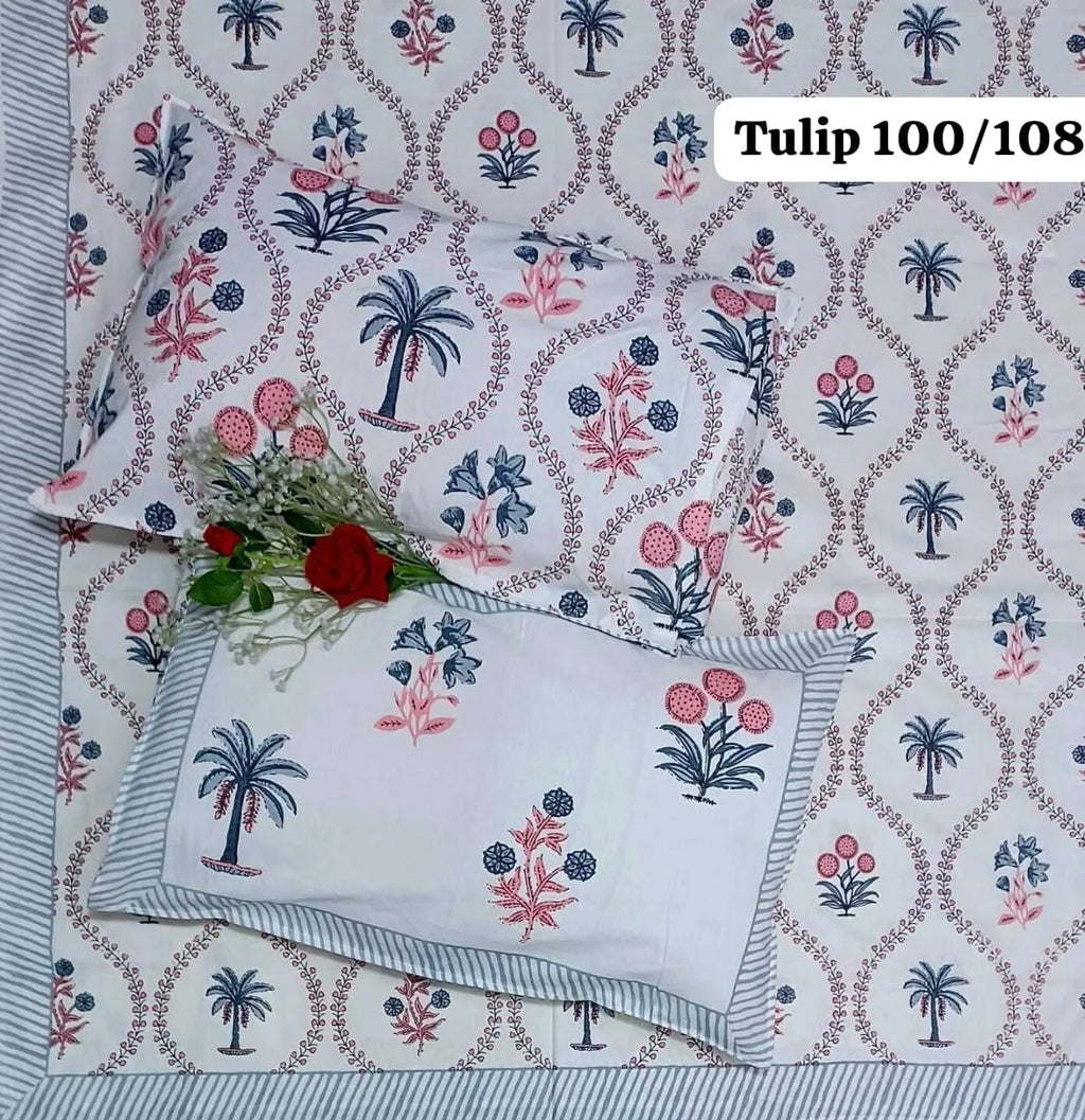 White and pink palm tree floral print cotton bedsheet with two matching pillow covers