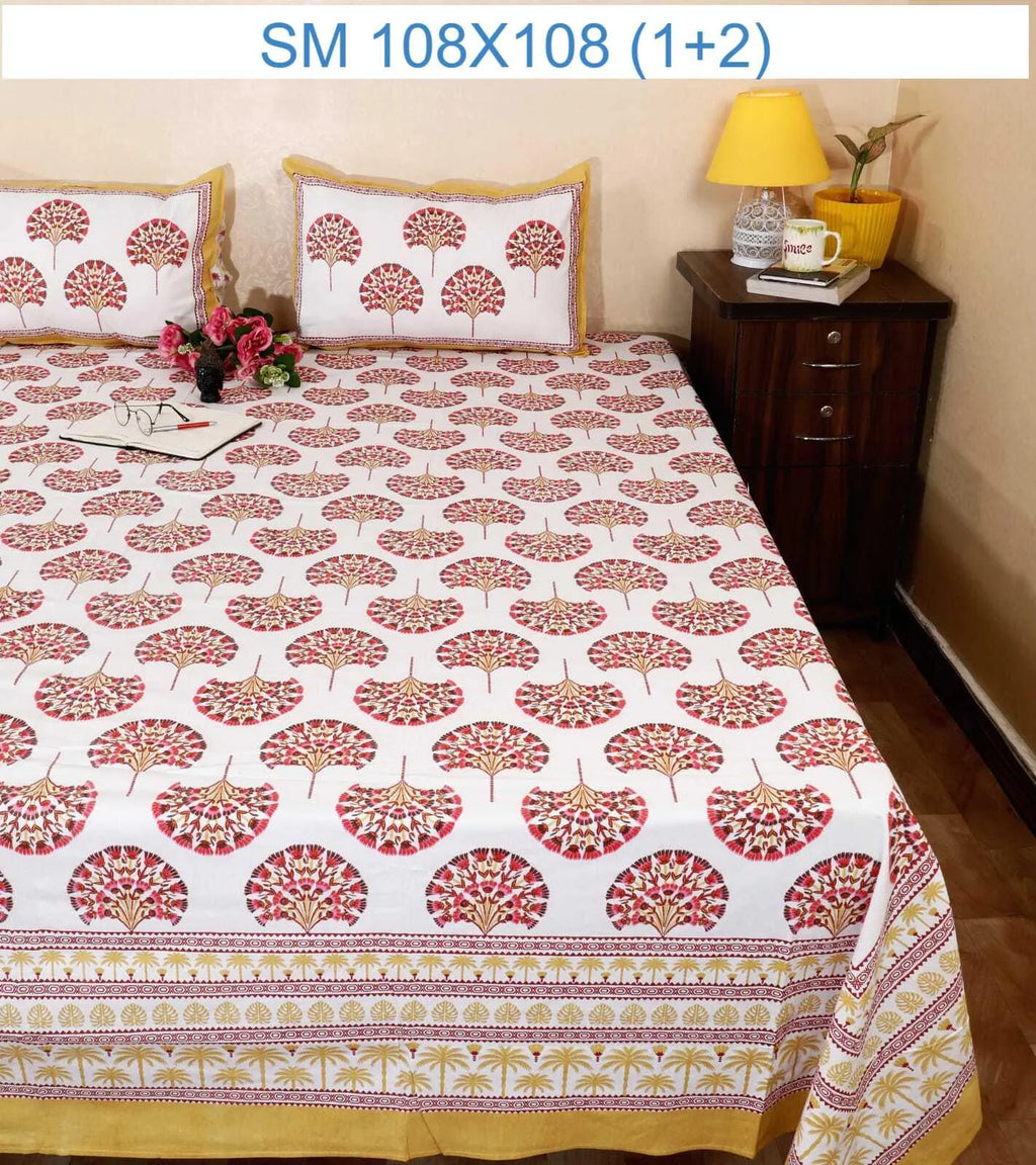 White and red floral print pure cotton super king bedsheet with matching pillow covers on bed