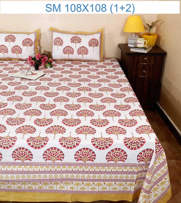 100% Pure Cotton Super King Bedsheet 108x108 - White Red Floral Print with 2 Pillow Covers