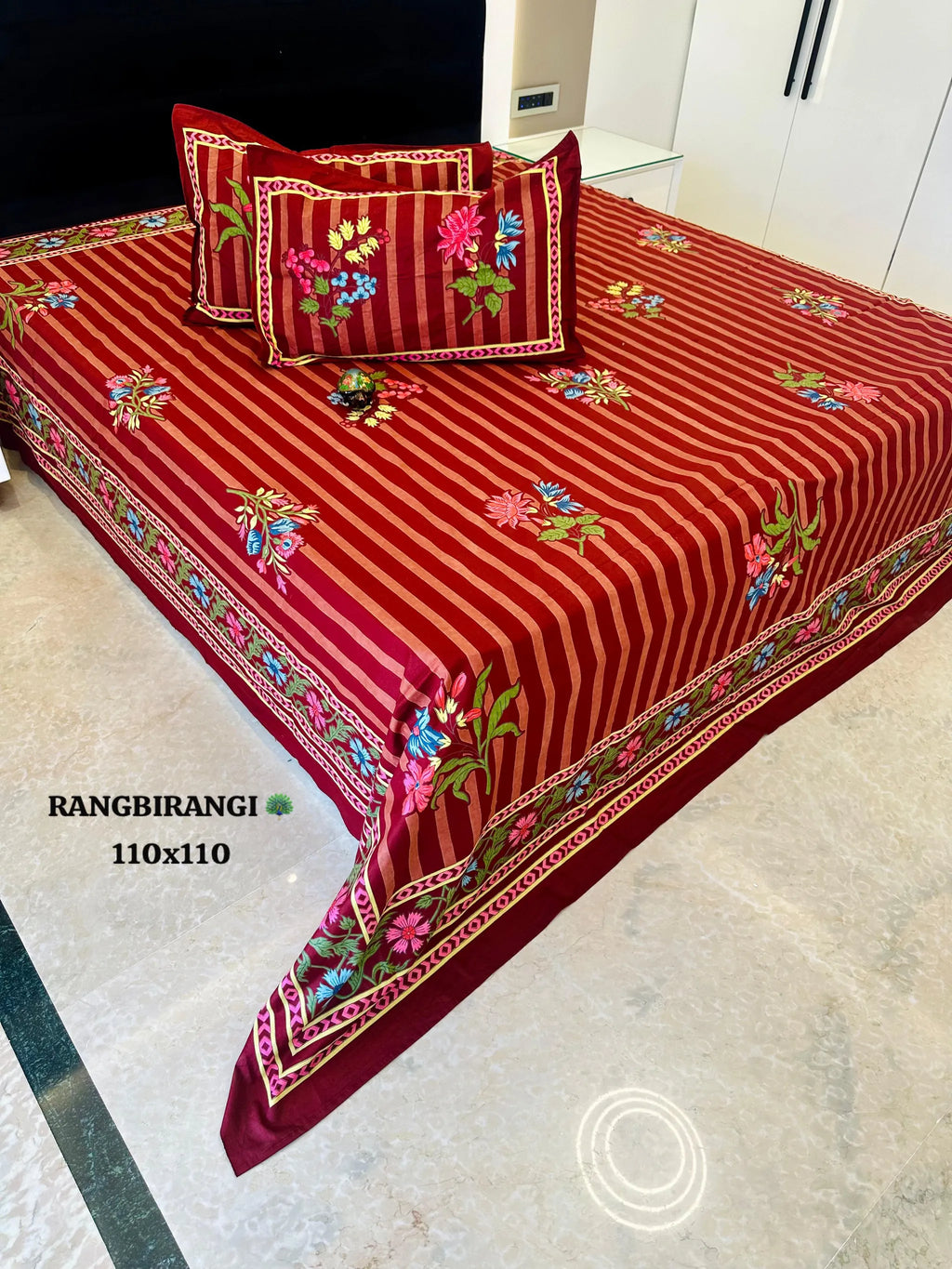 Maroon striped cotton super king bedsheet with floral print and matching pillows