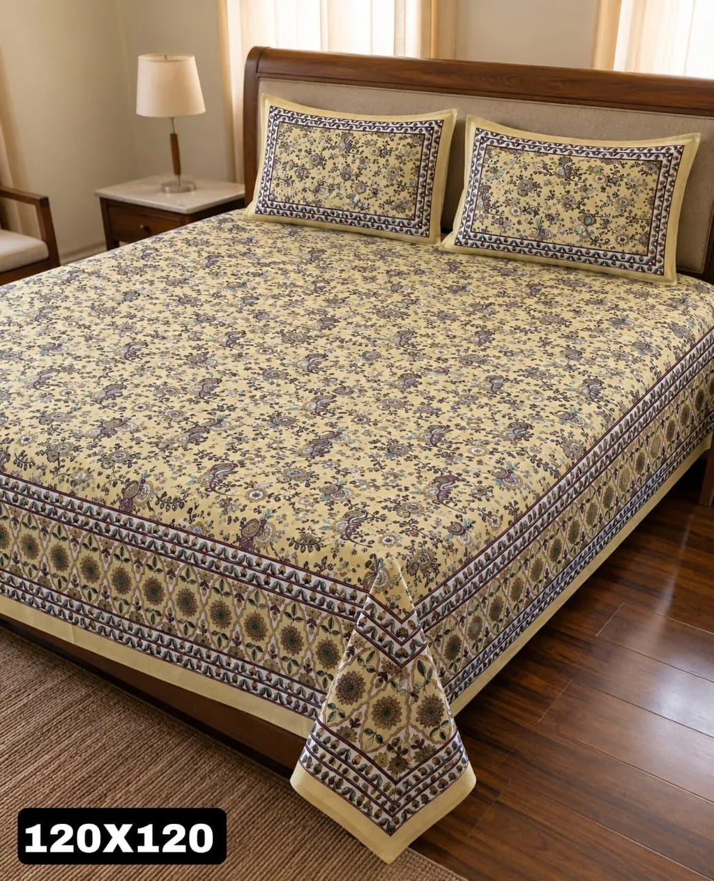 Yellow paisley floral print super king bedsheet with matching pillow covers on wooden bed