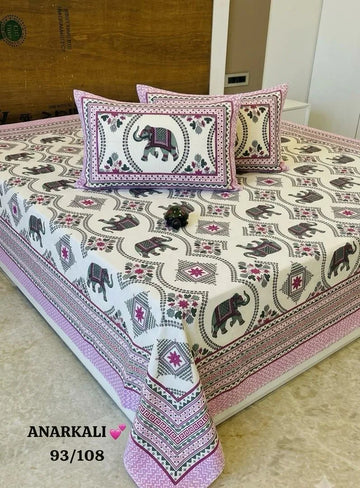 100% Pure Cotton Super King Bedsheet 93x108 - Pink Elephant Print with 2 Pillow Covers