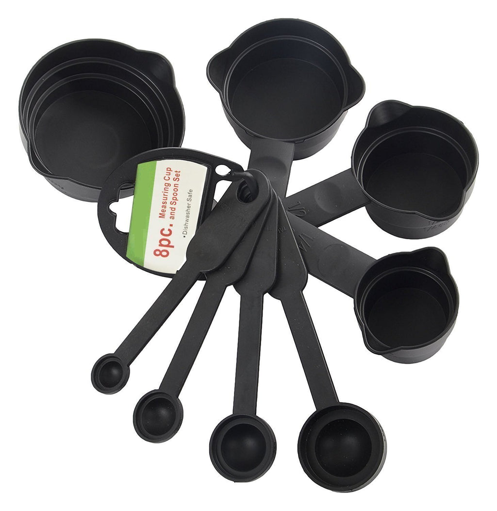 106 Series 8-piece black plastic measuring cups and spoons set for kitchen baking and cooking