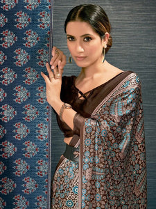 Premium Japan Crape Ajrakh Print Saree in Earthy Indigo and Rust - Elegant Summer Festive Wear