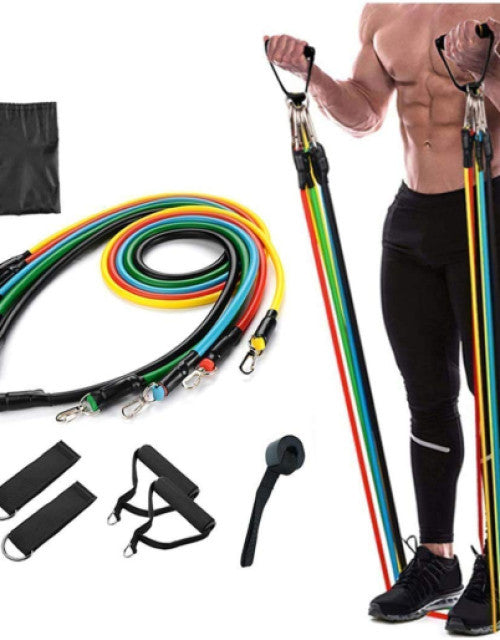 Complete 11-in-1 exercise resistance bands set with door anchor, handles, ankle straps & bag for fitness workouts.