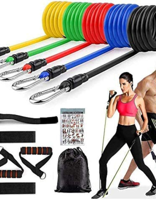 11 Pcs Resistance Band Set featuring varying resistance levels, handles, ankle straps & door anchor for men & women