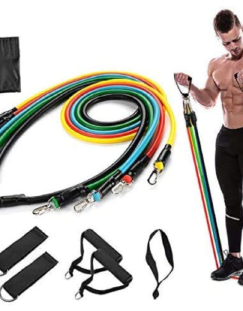 11 Piece Gym Power Resistance Band Set for Workout, featuring bands, handles, ankle straps & door anchor