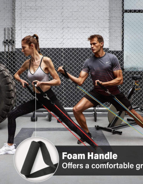 Full 11 Piece Gym Power Resistance Band Set with handles, straps, and door anchor for effective workouts.