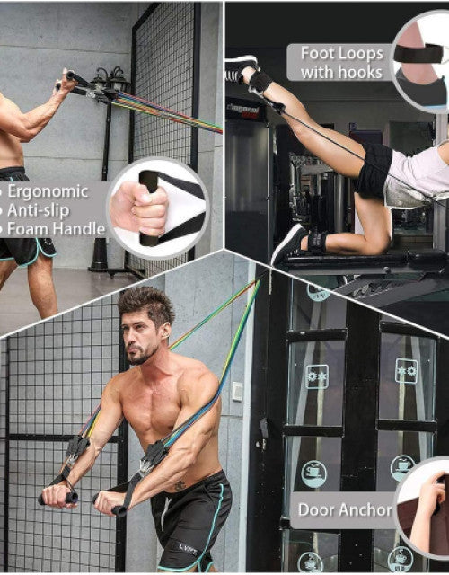 11-piece gym power resistance bands set, including handles, ankle straps, & door anchor for workouts