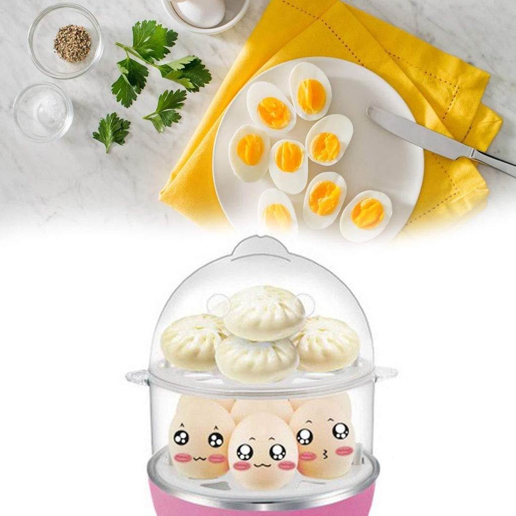 Side view of the double-decker electric egg boiler showing the transparent lid and power button