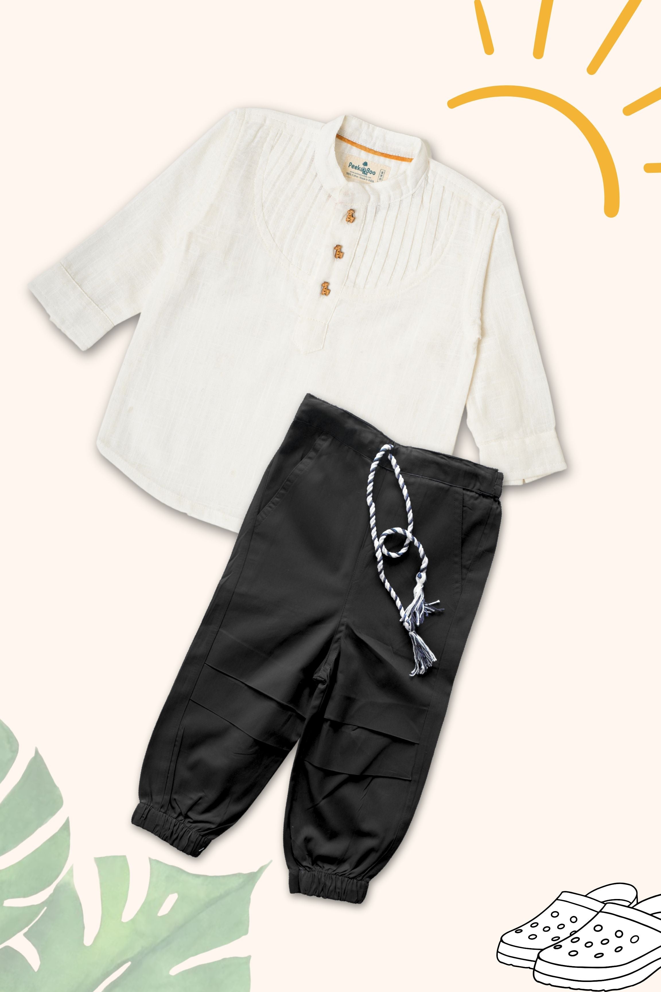 Boys Pure Cotton Clothing Set - Pintuck Shirts & Black Cargo Pant With White Pintuck Shirt