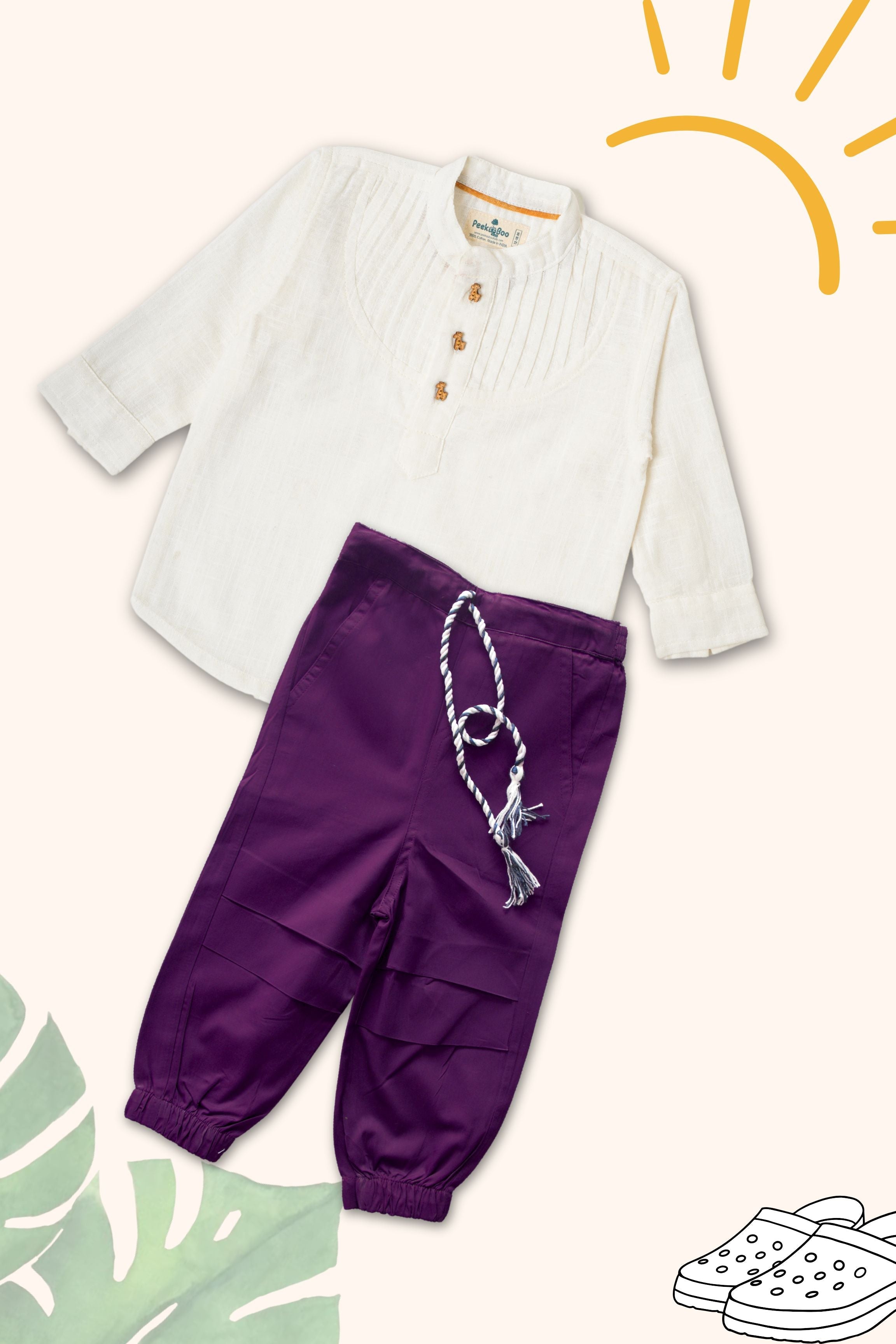Boys Pure Cotton Clothing Set - White Pintuck Shirt & Cargo Pants With Purple Cargo Pant